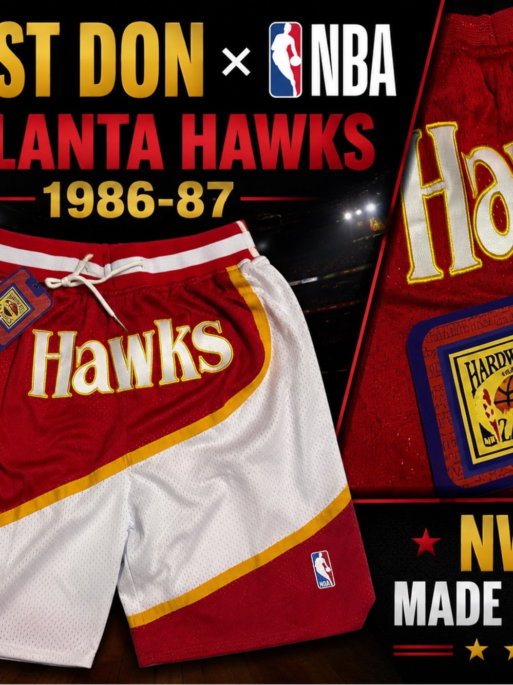 NBA Hawks Red, White & Gold Kids Basketball Shorts
